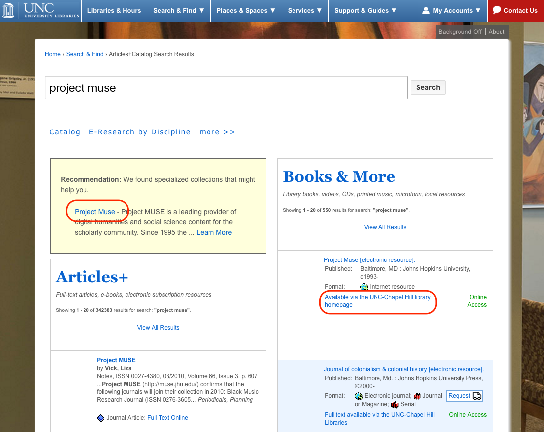 A two-column search results page. A link to Project Muse is in the upper left box, and another link to Project Muse (with different text) is in the right column.