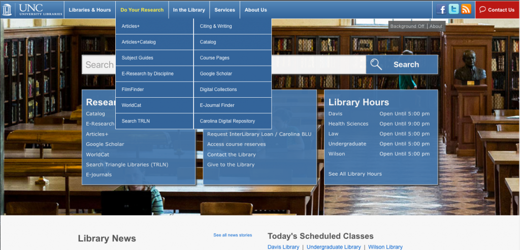 Screenshot of how the navigation used to be organized. Primary labels were "Librares & Hours", "Do Your Research", "In the Library", and "Services".