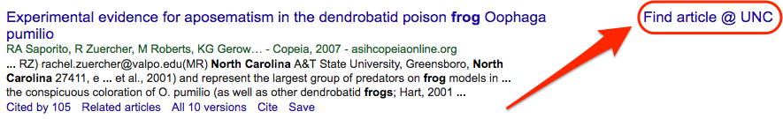 google scholar search result, with focus on the Find Article @ UNC link