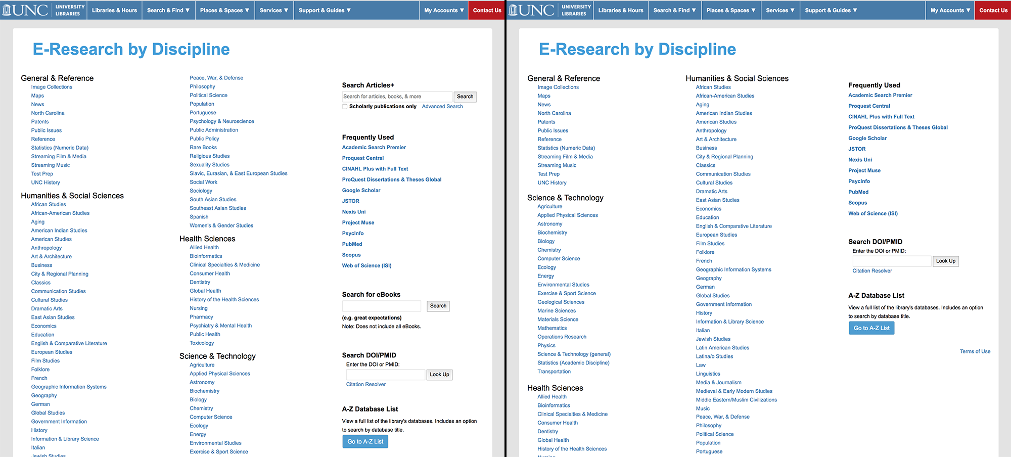 Side by side comparison of the E-Research by Discipline page before and after changes made in January 2019